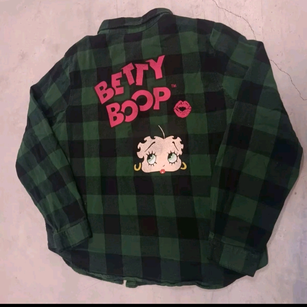 Betty Boop Green Black Checkered Long Sleeve Flannel Shirt Women's Extra Large